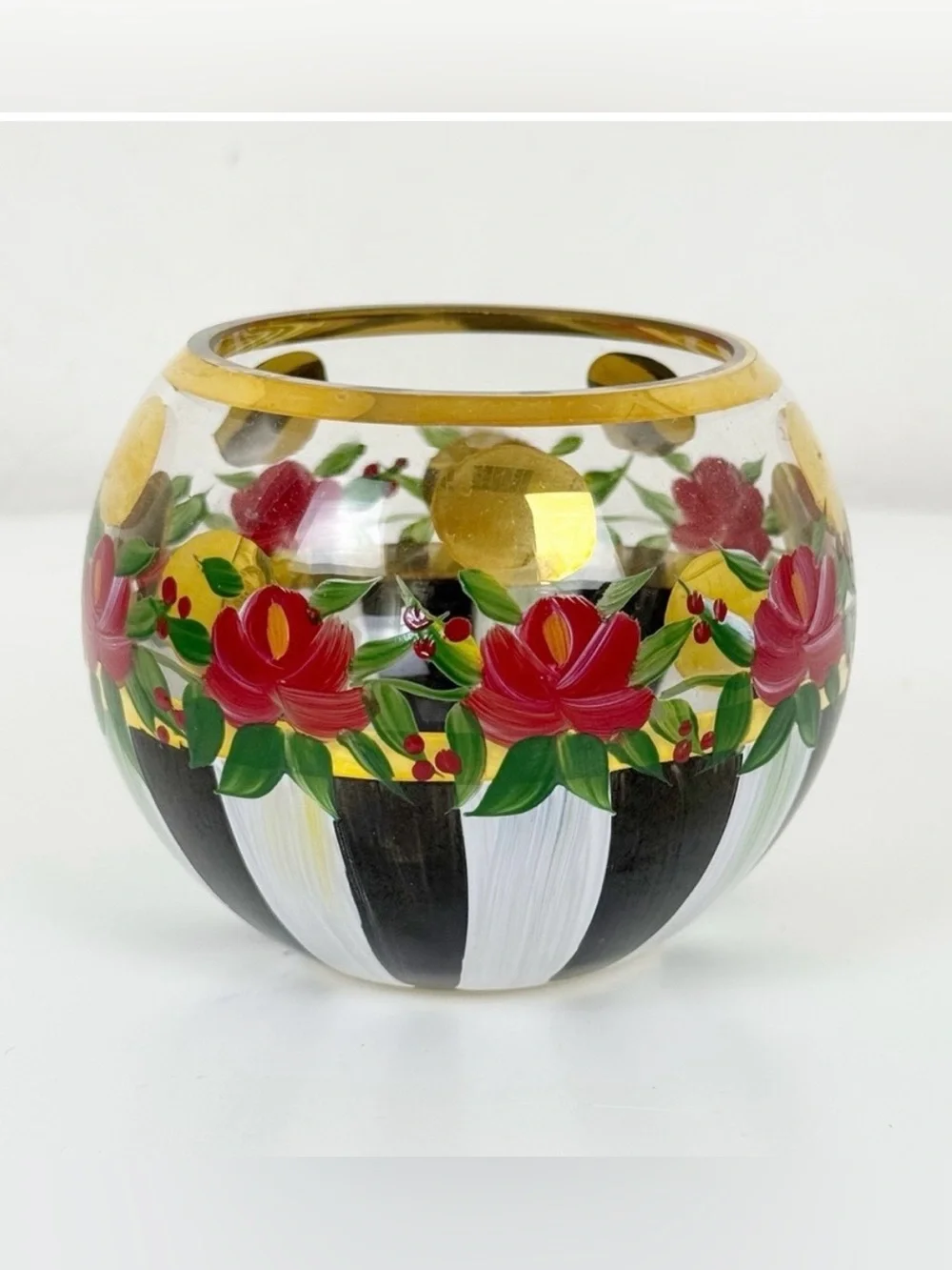 Three Hand-Painted Mackenzie ChildFloral Glass Bowl with Gold Accent